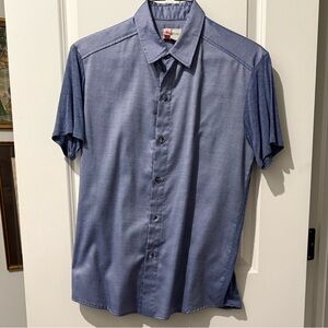 Bill Hallman Blue Trendy Mixed Material Short Sleeve Collared Button Down Shirt